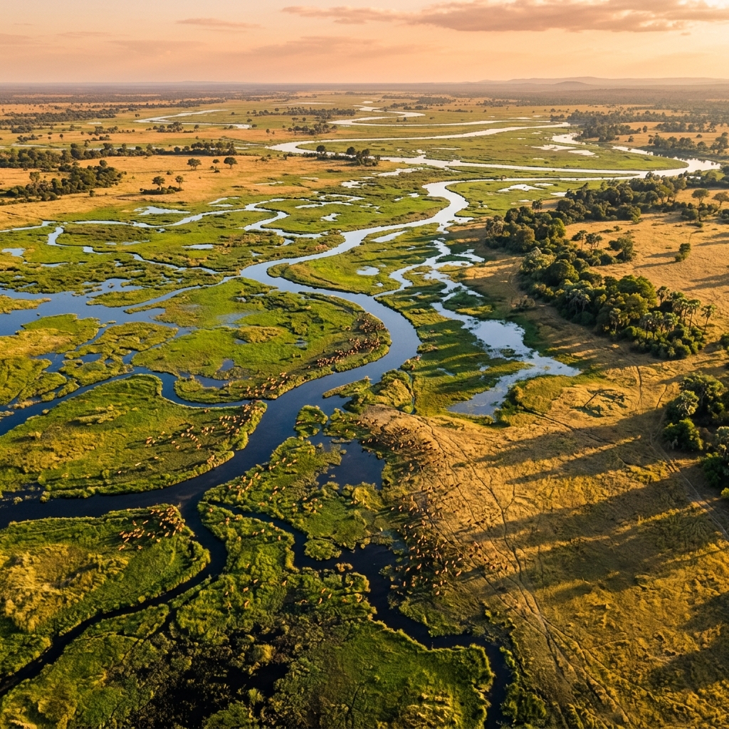 Aerial view of an African floodplain landscape